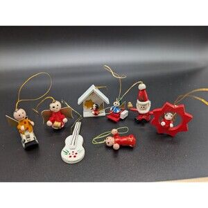 8 Vintage Miniature Kitschy Wooden Hand Painted Christmas Tree Ornaments